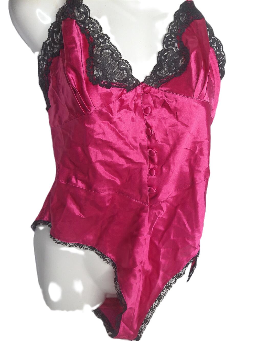 Vintage JCPenney Delicates Pink Satin Black Lace Teddy Bodysuit Size M New